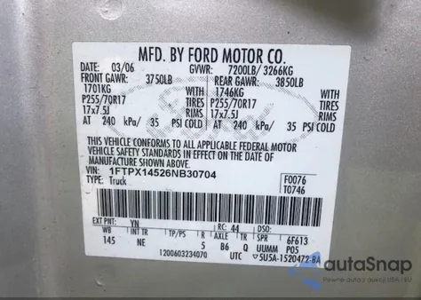 2006 Ford F-150 Fx4/Lariat/Xl/Xlt from USA, damaged, VIN 1FTPX14526NB30704